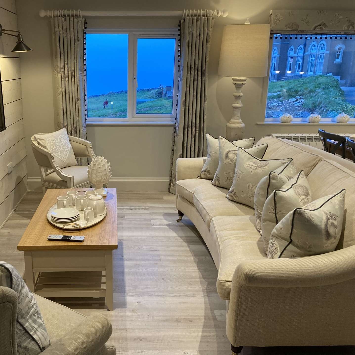 Luxury Self Catering Apartment No. 1 lounge with sea view at Camelot Castle Hotel Tintagel