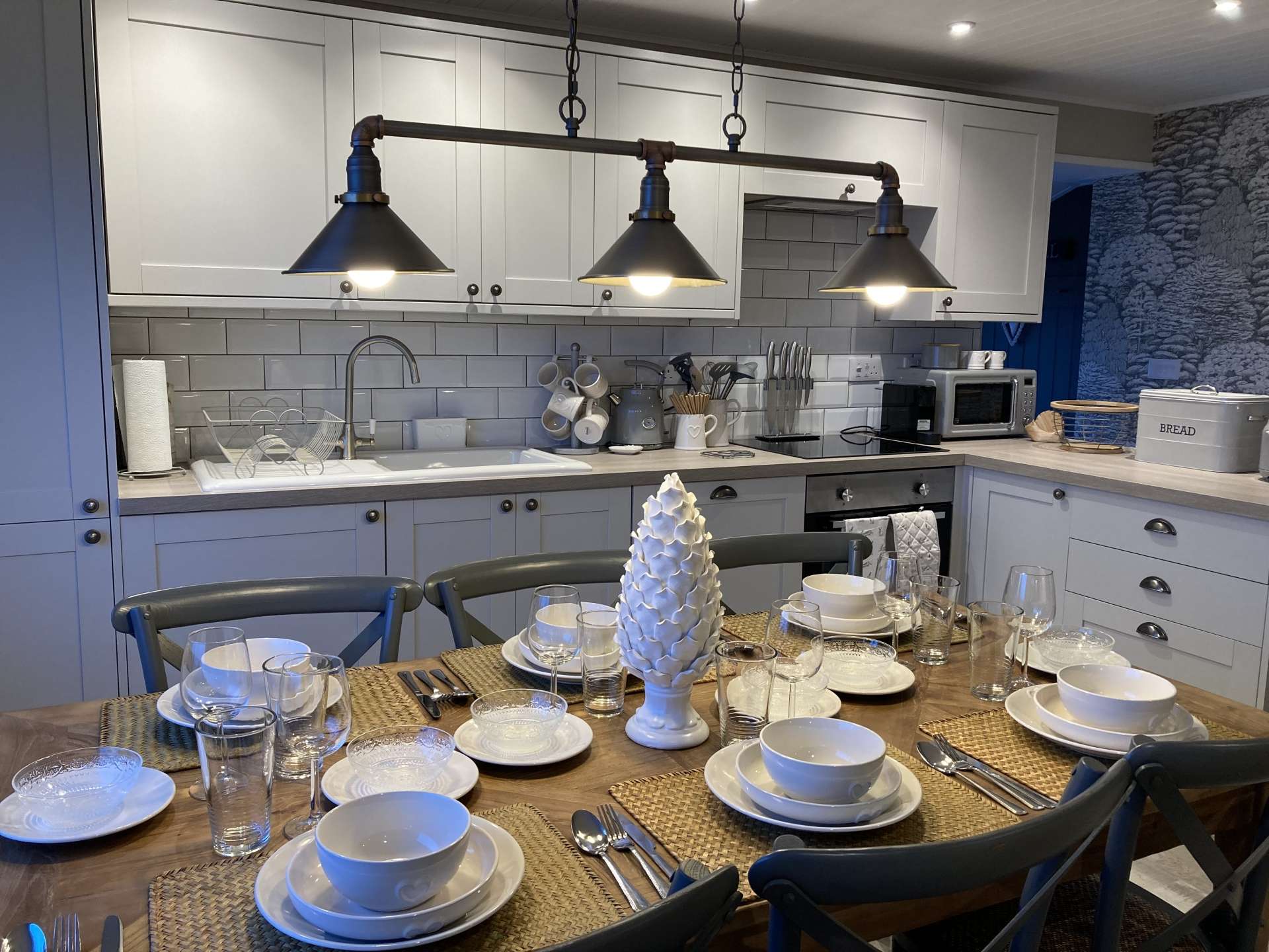 Luxury Self Catering Apartment No. 1 kitchen and dining area at Camelot Castle Hotel