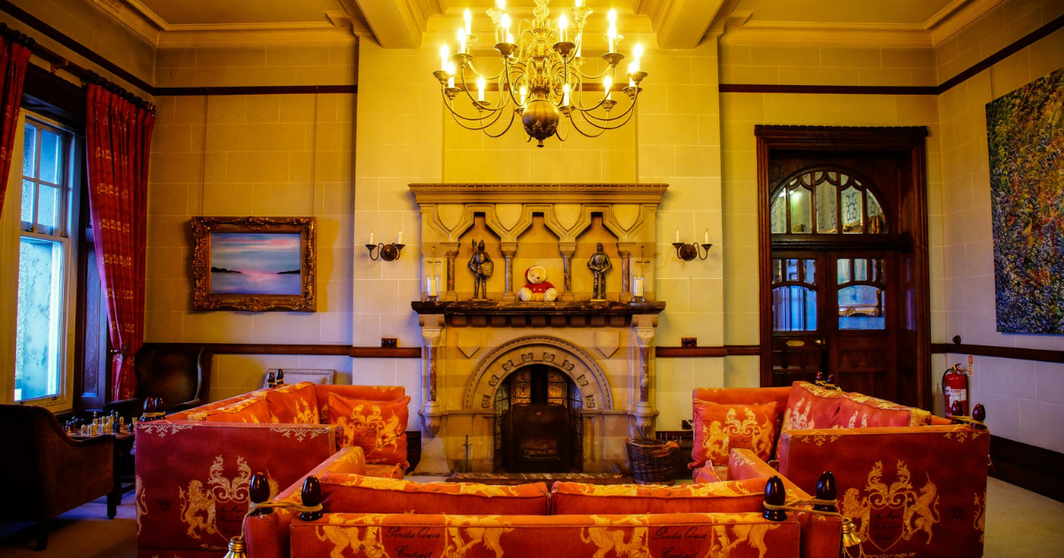 Grand fireplace at Camelot