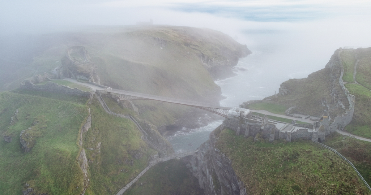Mist over Tintagel Castle bridge