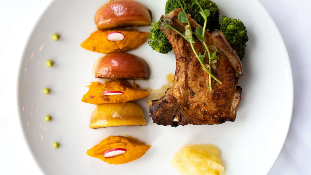 Seasonal fine dining dish served at Irina’s Restaurant at Camelot Castle Hotel