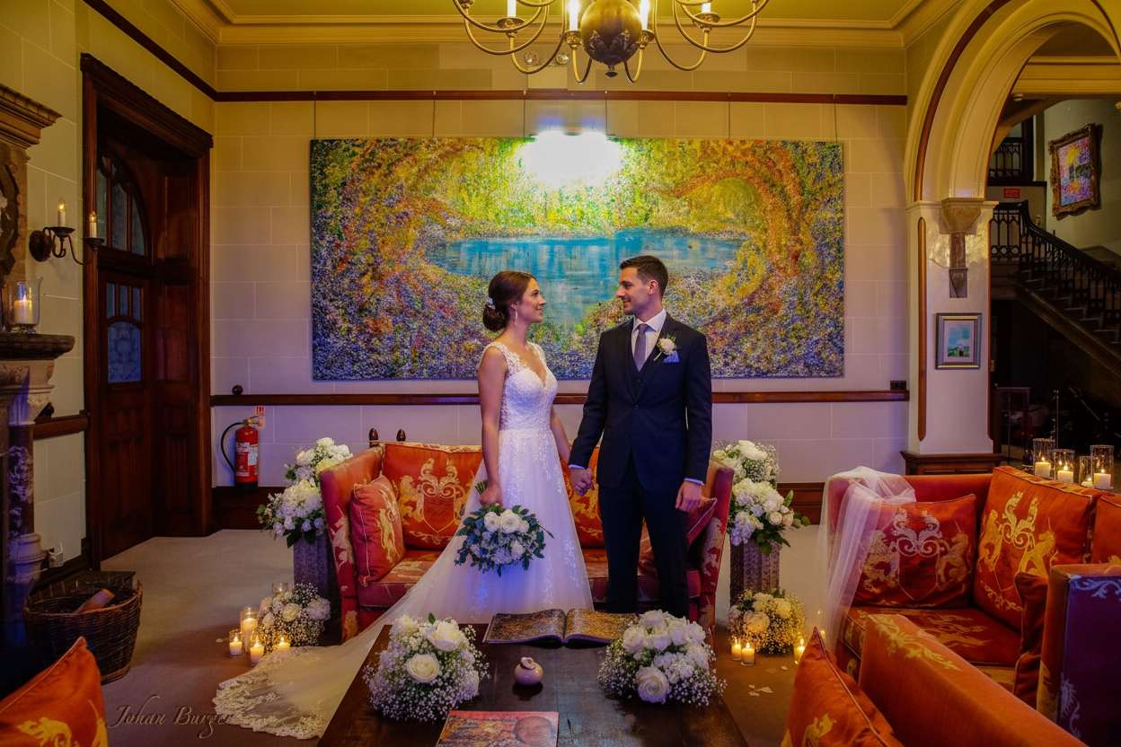 Bride and groom standing in ceremony room at Camelot Castle Hotel Cornwall