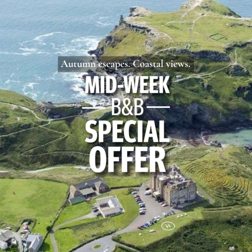 Autumn mid-week B&B special offer at Camelot Castle in Tintagel, Cornwall with couple enjoying coastal cliff walk 